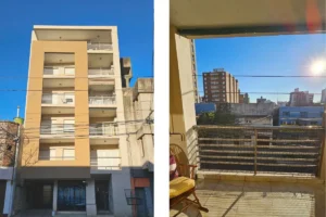 Frente del edificio y balcón – Departamento en Francia 2384, Santa Fe